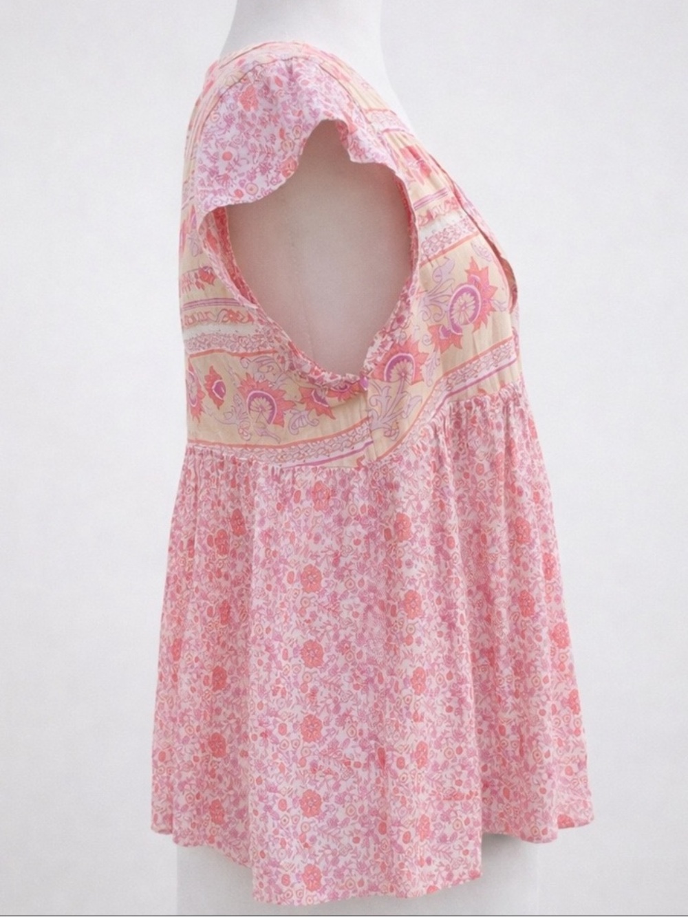 Lucky Brand Floral Boho Peasant Blouse Pink Cotton Modal Flutter Sleeve NWT - Picture 4 of 10